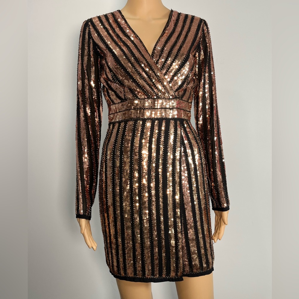 Black and Rose Gold Sequins Mini Dress